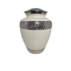 Pearlescent White Floral Engraved Metal Cremation Urn for Human Ashes LG Unused